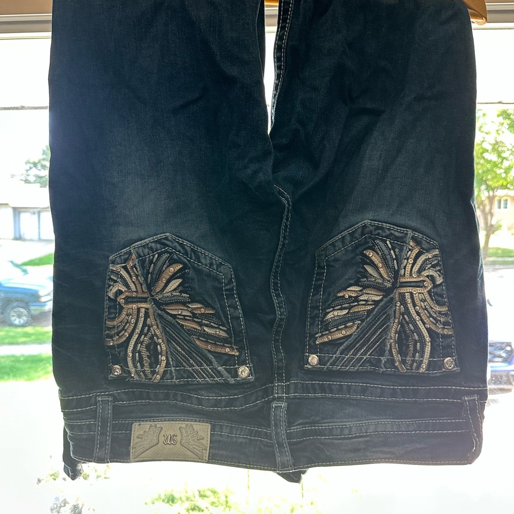 Miss Me Straight Leg Jeans Blue Tan Embroidered